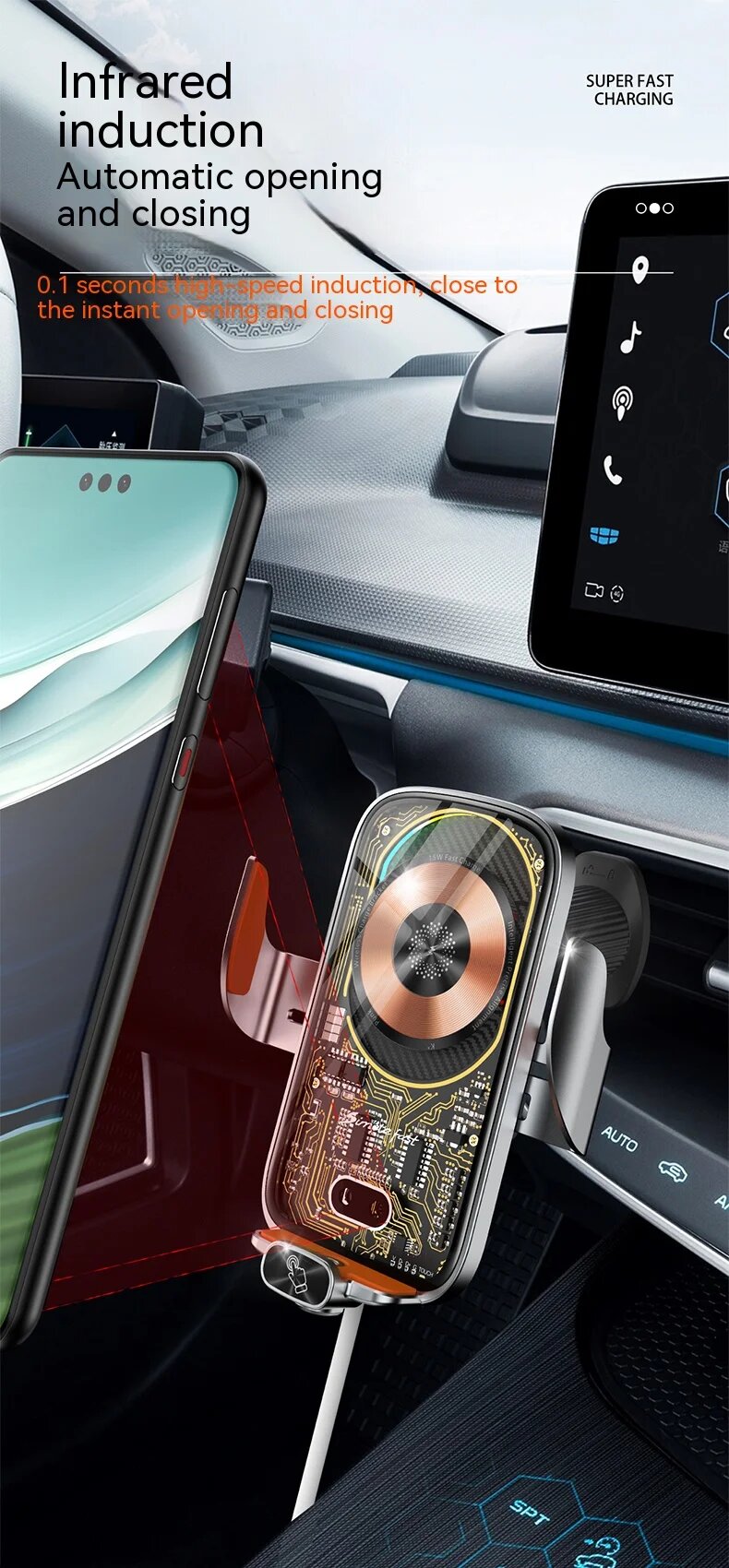 15W Wireless Automatic Opening And Closing Charging Car Holder - Image 4